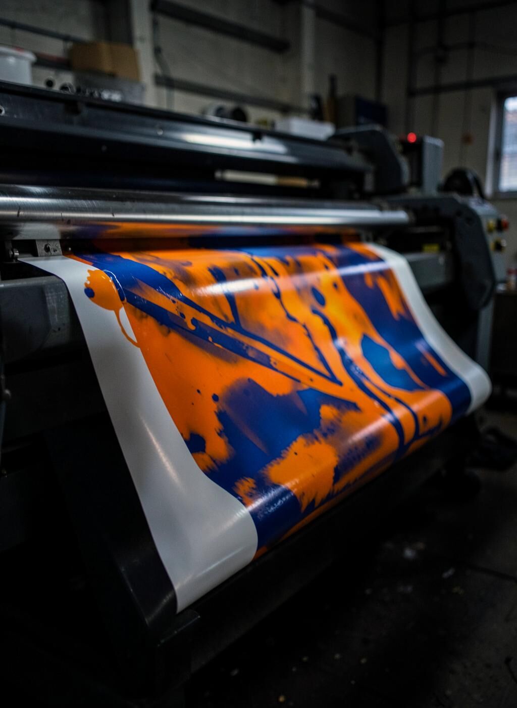 Large format print press running a glossy vinyl banner