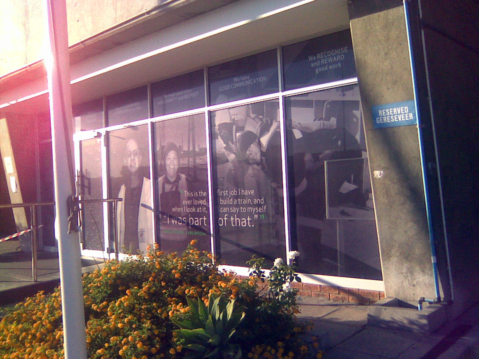 Printed window vinyl graphics for Transnet on a building entrance